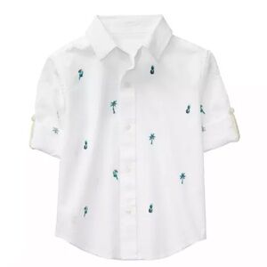 Janie and Jack Seersucker Tropical Button Up with Palm Tree and Bird Embroidery